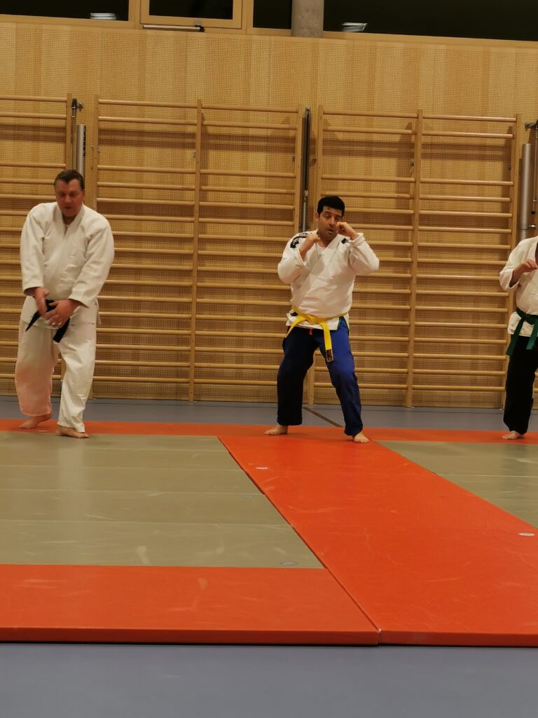 Zwei Kämpfer auf Matten vor einer Sprossenwand. Der linke trägt einen weißen Gi mit schwarzen Gurt und hat beide Hände nach unten in die Mitte des Körpers gestreckt. Sein rechtes Bein ist leicht nach hinten gestreckt. Der Kämpfer rechts trägt eine blaue Hose und einen weißen Gi mit blau/weißen Streifen auf den Schultern. Sein Obi ist gelb. Er hält beide Hände abgewinkelt, in Boxhaltung, nach oben.